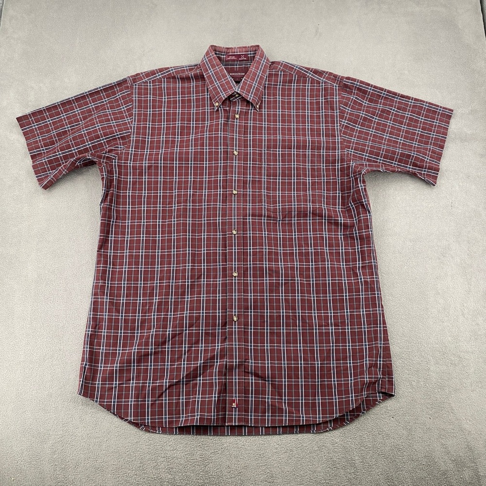 Nordstrom Smartcare Mens Large Red Plaid Short Sleeve Button Down Cotton Shirt
